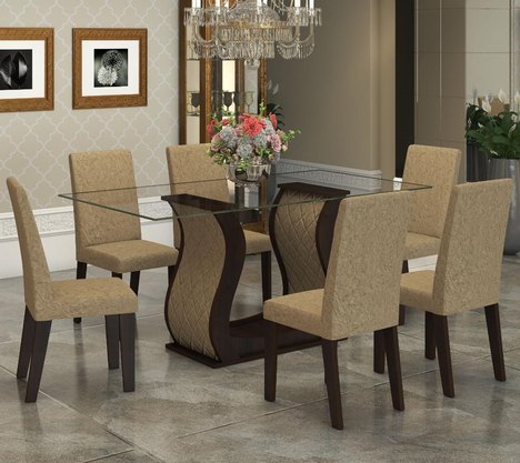 Conjunto de Mesa para Sala de Jantar Detalhes com Vidro 6 Cadeiras Nogueira/Gold