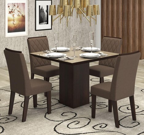 Conjunto de Mesa para Sala de Jantar Duquesa Vidro Bronze com 4 Cadeiras Nogueira/Camurça