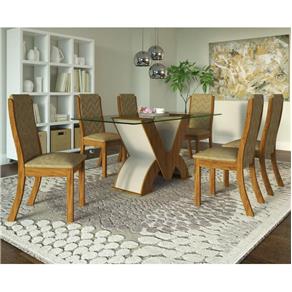Conjunto de Mesa para Sala de Jantar Ibis com Vidro 6 Cadeiras - Marrom Chocolate