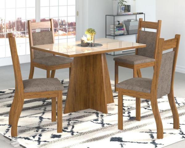 Conjunto de Mesa para Sala de Jantar Jersey com Vidro Off White 4 Cadeiras Cedro/Dakota - At House
