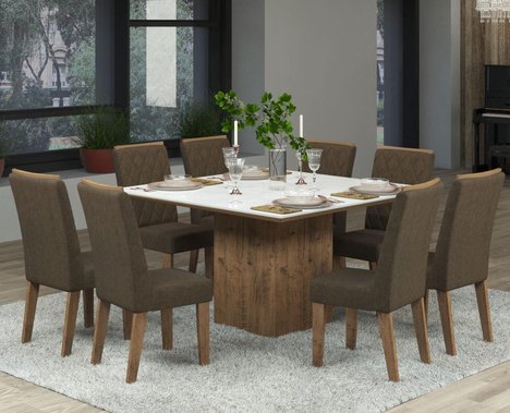 Conjunto de Mesa para Sala de Jantar Jóia Vidro Branco com 8 Cadeiras Ebano/Camurça