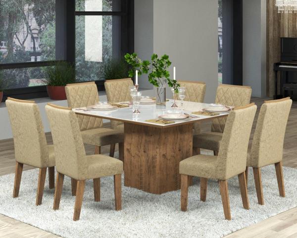 Conjunto de Mesa para Sala de Jantar Jóia Vidro Branco com 8 Cadeiras Ebano/Gold - At House
