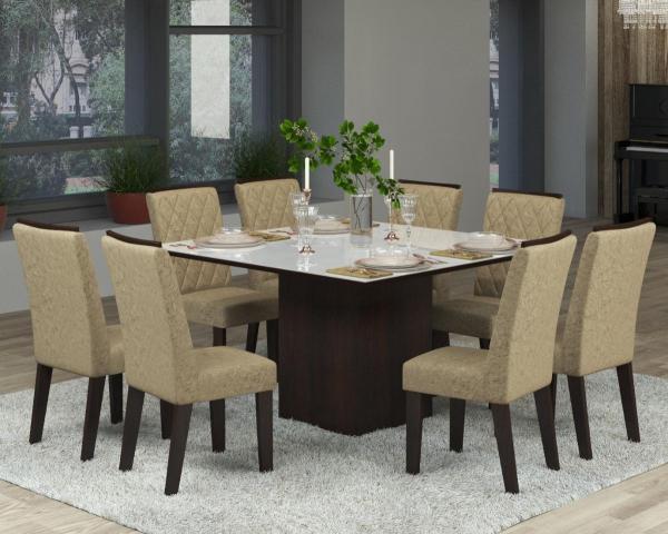 Conjunto de Mesa para Sala de Jantar Jóia Vidro Branco com 8 Cadeiras Nogueira/Gold - At House