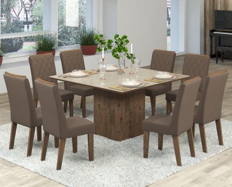 Conjunto de Mesa para Sala de Jantar Jóia Vidro Bronze com 8 Cadeiras Ebano/Camurça