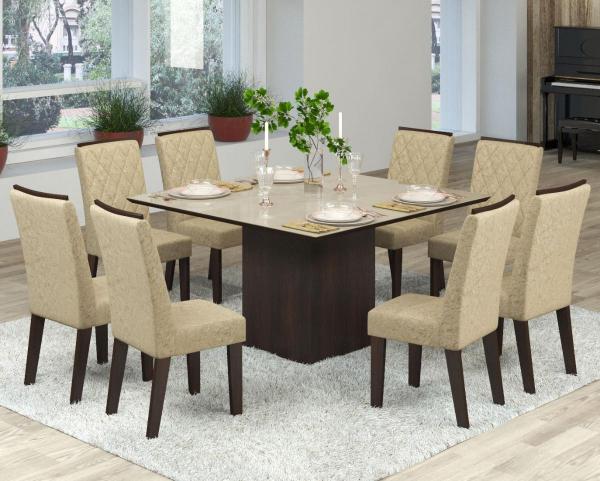 Conjunto de Mesa para Sala de Jantar Jóia Vidro Bronze com 8 Cadeiras Nogueira/Gold - At House
