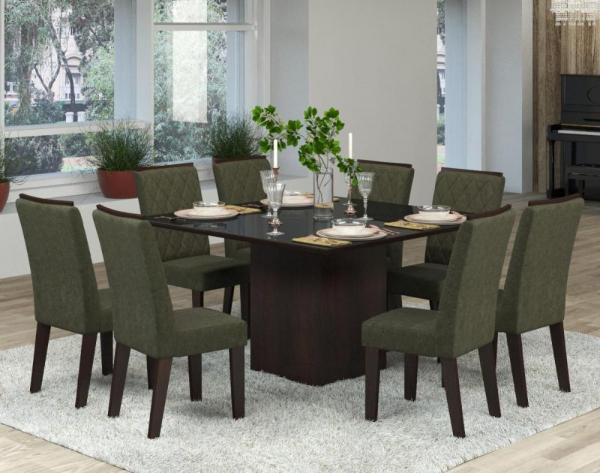 Conjunto de Mesa para Sala de Jantar Perola Vidro Preto com 8 Cadeiras - At House