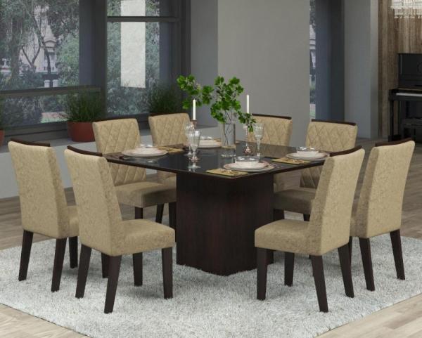 Conjunto de Mesa para Sala de Jantar Perola Vidro Preto com 8 Cadeiras - At House