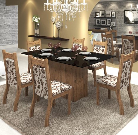 Conjunto de Mesa para Sala de Jantar Polonia com Vidro Preto e 6 Cadeiras Jady Ebano/Brownie