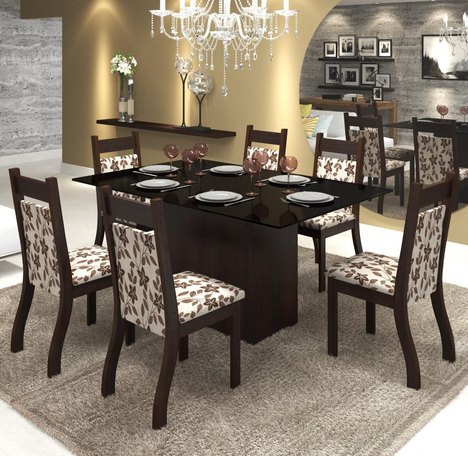 Conjunto de Mesa para Sala de Jantar Polonia com Vidro Preto e 6 Cadeiras Jady Nogueira/Brownie