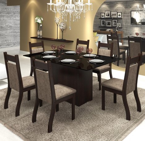 Conjunto de Mesa para Sala de Jantar Polonia com Vidro Preto e 6 Cadeiras Jady Nogueira/Dakota
