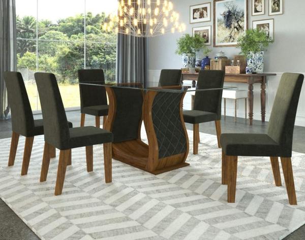 Conjunto de Mesa para Sala de Jantar Rayza com Vidro 6 Cadeiras Venus - At House