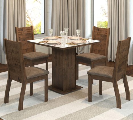 Conjunto de Mesa para Sala de Jantar Thay com Vidro Branco 4 Cadeiras Ebano/Dakota