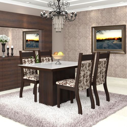 Conjunto de Mesa para Sala de Jantar Trend Vidro Branco 4 Cadeiras Jady Nogueira/Brownie