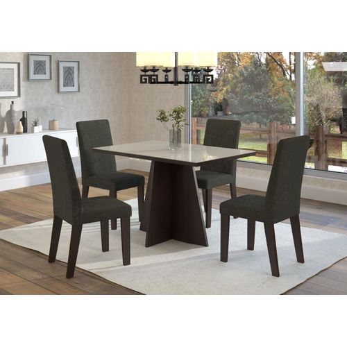 Conjunto de Mesa para Sala de Jantar Versátil com Vidro Off White 4 Cadeiras Nogueira/Camurça