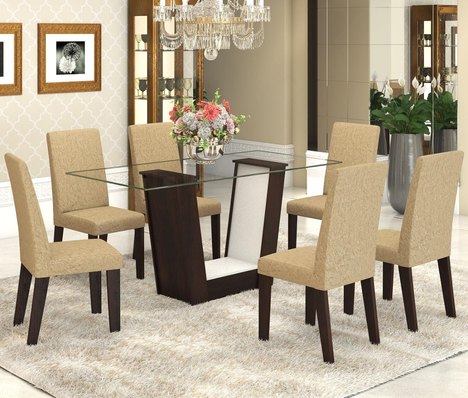 Conjunto de Mesa para Sala de Jantar Vivi com Vidro 6 Cadeiras Nogueira/Gold
