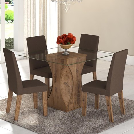 Conjunto de Mesa para Sala de Jantar Walquiria Vidro com 4 Cadeiras Ebano/Camurça