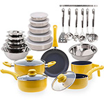 Conjunto de Panelas com Revestimento Cerâmico Colors 5 Peças Amarelo + Potes 5 Peças + Tigelas 5 Peças + Conjunto de Utensílios Inox 7 Peças + Escorredor de Arroz 26cm - La Cuisine