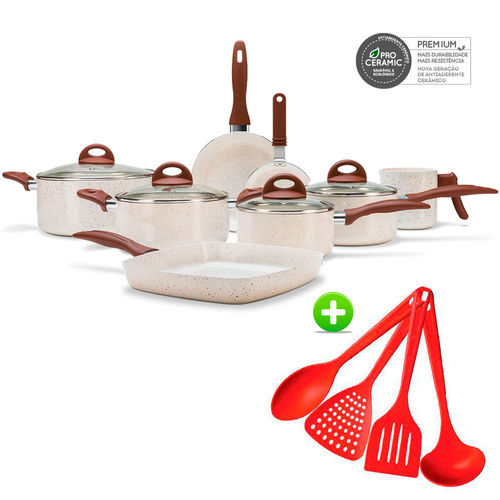 Conjunto de Panelas Revest. Cerâmica 8 Peças Brinox Vanilla e Conj. de Utensílios 4 Peças Vermelho