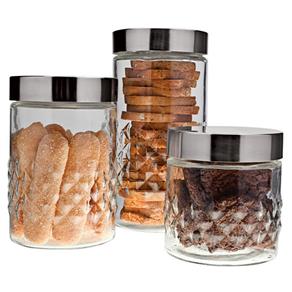 Conjunto de Potes Euro Home Losangos em Vidro e Inox – 3 Peças