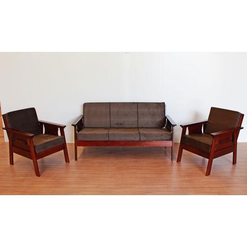 Conjunto de Sofá em Madeira 3+1+1 Lugares Imbuia com Almofadas Espuma Cor:suede Marrom