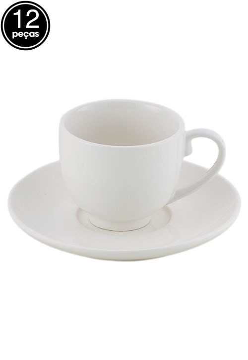 Conjunto de Xícaras de Café Bom Gourmet Porcelana com Pires 100ml 12 Pçs Branco
