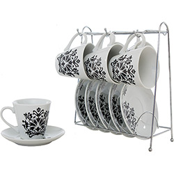 Conjunto de Xícaras para Chá em Porcelana 12 Peças Preto e Branco com Suporte de Metal - Hazi UD
