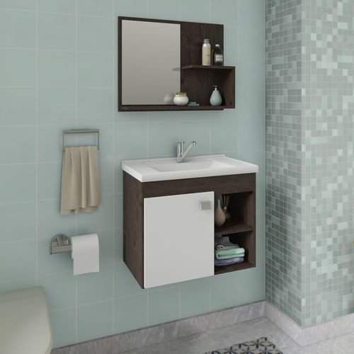 Conjunto Gabinete de Banheiro Suspenso Lotus com Espelheira - Café/branco - Mgm Móveis