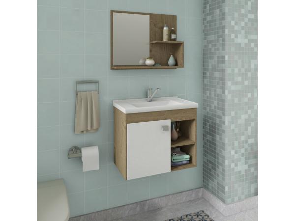 Conjunto Gabinete de Banheiro Suspenso Lotus com Espelheira - Carvalho/Branco - Mgm Móveis
