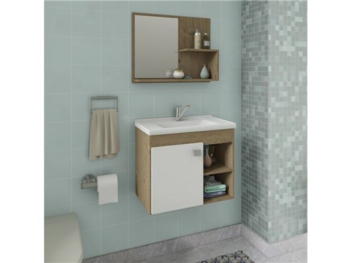 Conjunto Gabinete de Banheiro Suspenso Lotus com Espelheira - Carvalho/Branco - Mgm Móveis