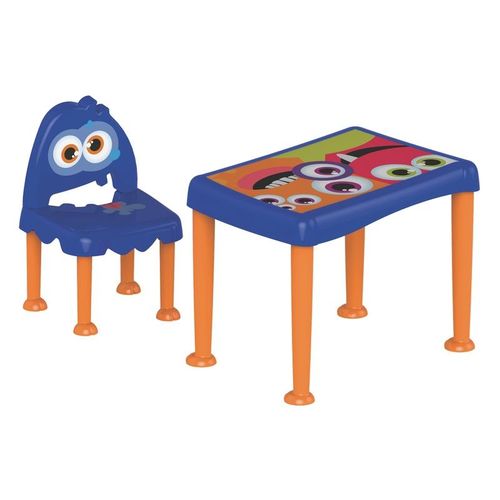 Conjunto Infantil de 1 Mesa e 1 Cadeira Plasticas Montaveis Monster Azul e Laranja