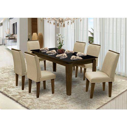 Conjunto Mesa de Jantar 06 Cadeiras Florença - Siena - Castanho/Bege Tampo Preto