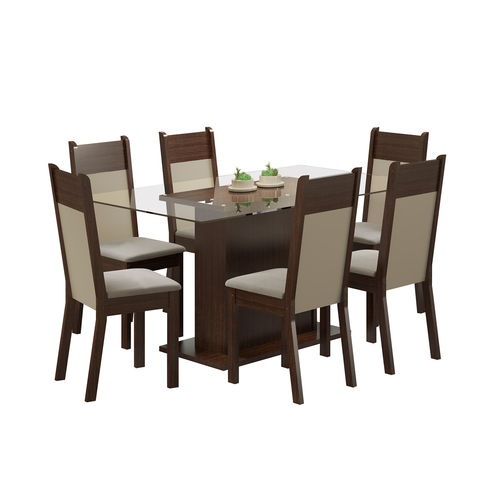 Conjunto Mesa de Jantar Atlanta com 6 Cadeiras e Tabaco/ Crema/ Suede Pérola Madesa