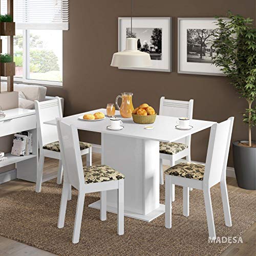 Conjunto Mesa de Jantar e 4 Cadeiras Branco-Floral Lexy Madesa