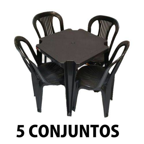 Conjunto Mesa e 4 Cadeiras Bistro Plástico Preto 5 Conjuntos