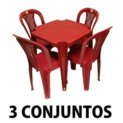 Conjunto Mesa e 4 Cadeiras Bistro Plastico Vinho 3 Conjuntos