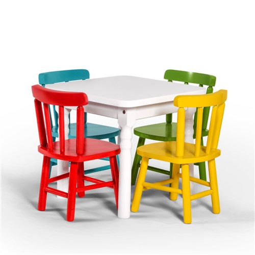 Conjunto Mesa e 4 Cadeiras Infantis em Madeira Eucalipto/Uva Japão/Tauari - Colorido - Conjunto Mesa e 4 Cadeiras Infantis em Madeira Eucalipto/Uva Ja