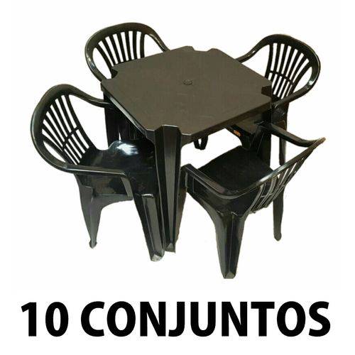 Conjunto Mesa e 4 Cadeiras Poltrona Plastico Preto 10 Conjuntos