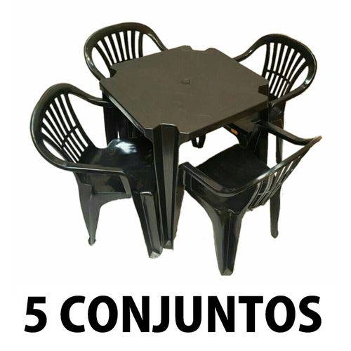 Tudo sobre 'Conjunto Mesa e 4 Cadeiras Poltrona Plastico Preto 5 Conjuntos'