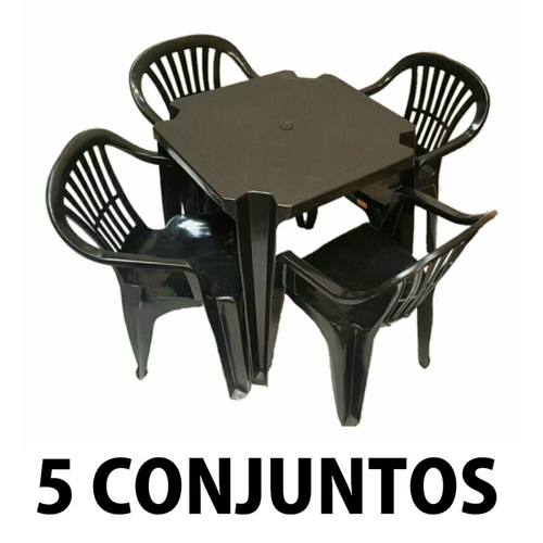 Conjunto Mesa e 4 Cadeiras Poltrona Plastico Preto 5 Conjuntos