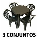 Conjunto Mesa e 4 Cadeiras Poltrona Plastico Preto 3 Conjuntos
