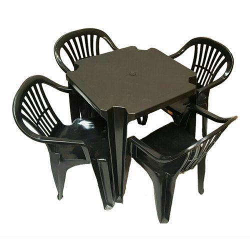 Conjunto Mesa e 4 Cadeiras Poltrona Plastico Preto