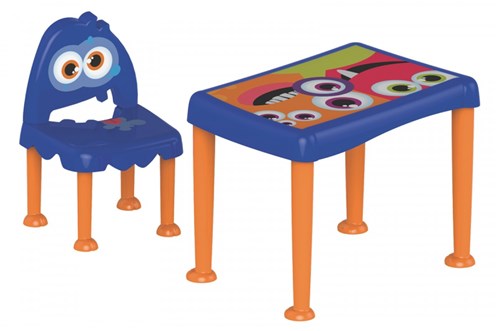 Conjunto Mesa e Cadeira Infantil Tramontina Monster Azul em Polipropileno com Base Laranja