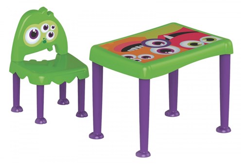 Conjunto Mesa e Cadeira Infantil Tramontina Monster Verde em Polipropileno com Base Lilás