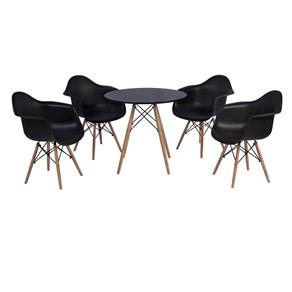 Conjunto Mesa Eiffel 80cm + 4 Cadeiras Charles Eames Wood Daw com Braços Design - Preto