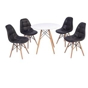 Conjunto Mesa Eiffel Branca 80cm + 4 Cadeiras Dkr Charles Eames Wood Estofada Botonê - Preto