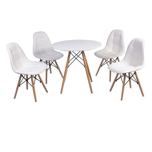 Conjunto Mesa Eiffel Branca 120Cm + 4 Cadeiras Dkr Charles Eames Wood Estofada Botonê - Branca