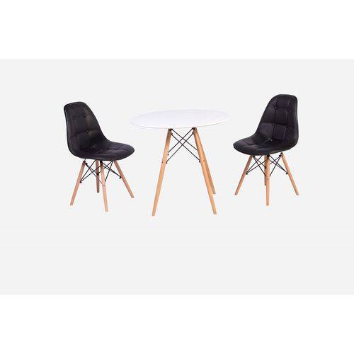 Conjunto Mesa Eiffel Branca 80cm + 2 Cadeiras Dkr Charles Eames Wood Estofada Botonê - Preta