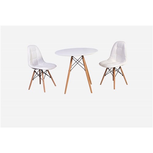 Conjunto Mesa Eiffel Branca 80Cm + 2 Cadeiras Dkr Charles Eames Wood Estofada Botonê - Branca