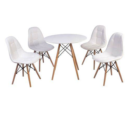 Conjunto Mesa Eiffel Branca 90cm + 4 Cadeiras Dkr Charles Eames Wood Estofada Botonê Branca