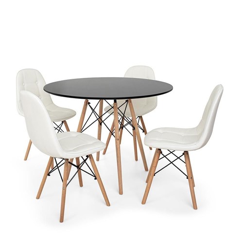 Conjunto Mesa Eiffel Preta 90cm + 4 Cadeiras Dkr Charles Eames Wood Estofada Botonê Branca